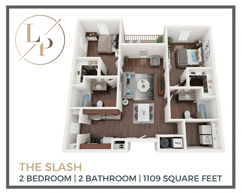 Floor plan for 2 beds, 2 baths, 1109 sqft
